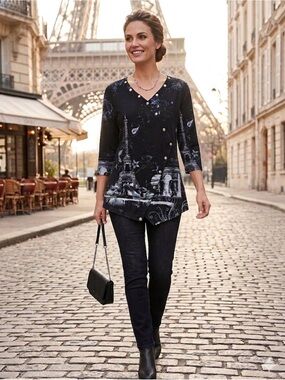 Impulse California Black Eiffel Tower Print Asymmetric Top - size  x-large